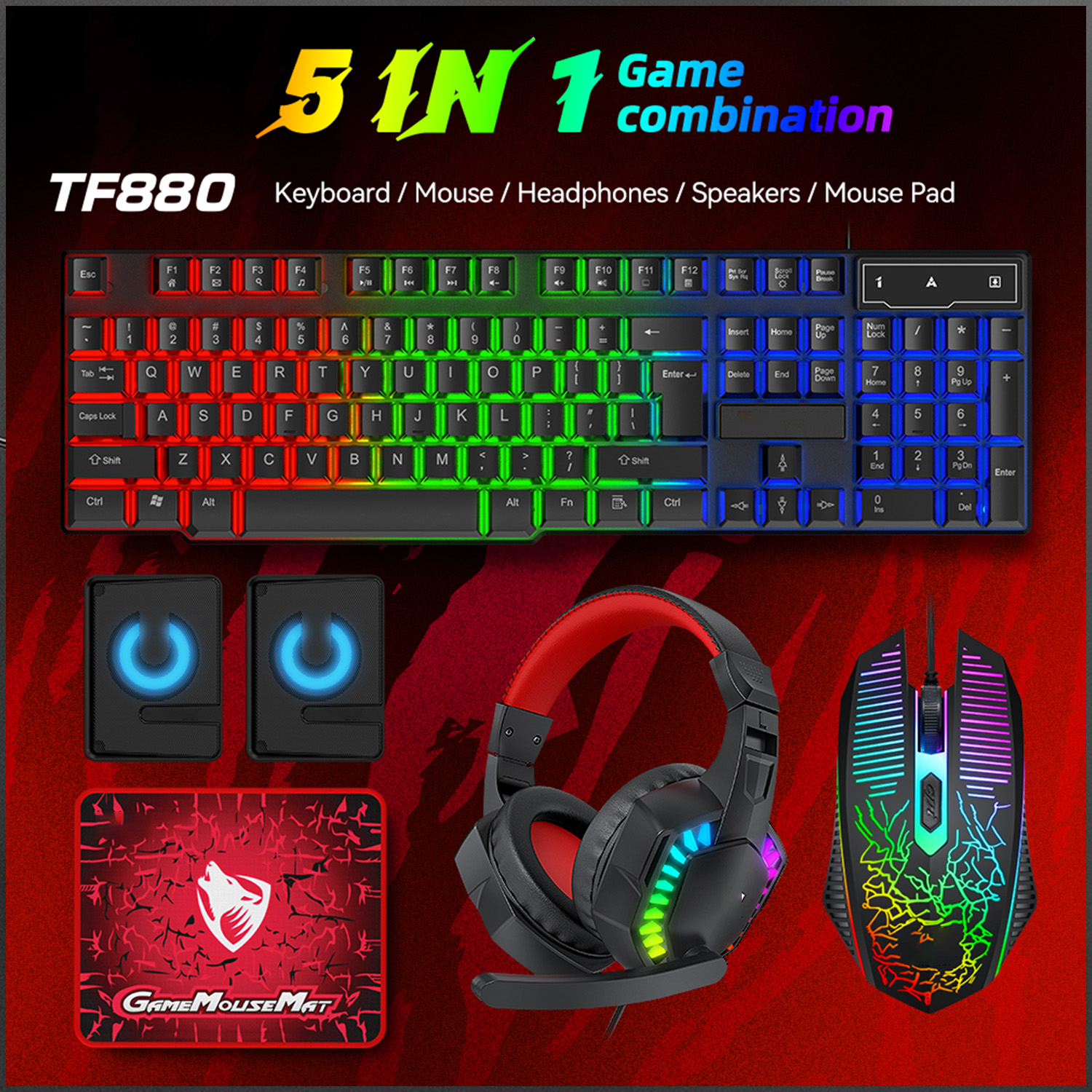 Gaming Keyboard Mouse Set - 5-in-1 Set Gaming Combo Keyboard 4-color